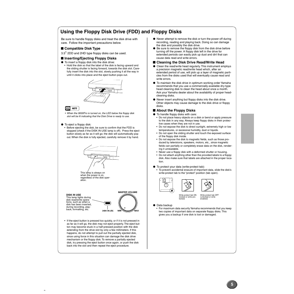 Using the floppy disk drive (fdd) and floppy disks | Yamaha 9000 Pro User Manual | Page 5 / 250