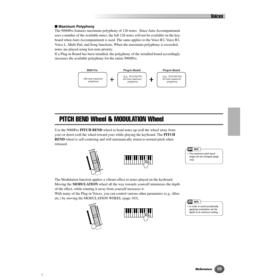 Pitch bend wheel & modulation wheel, Voices | Yamaha 9000 Pro User Manual | Page 59 / 250