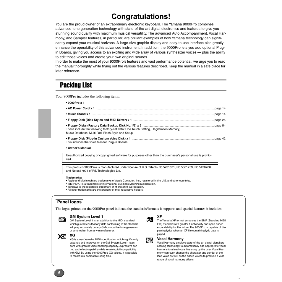 Packing list, Panel logos | Yamaha 9000 Pro User Manual | Page 6 / 250