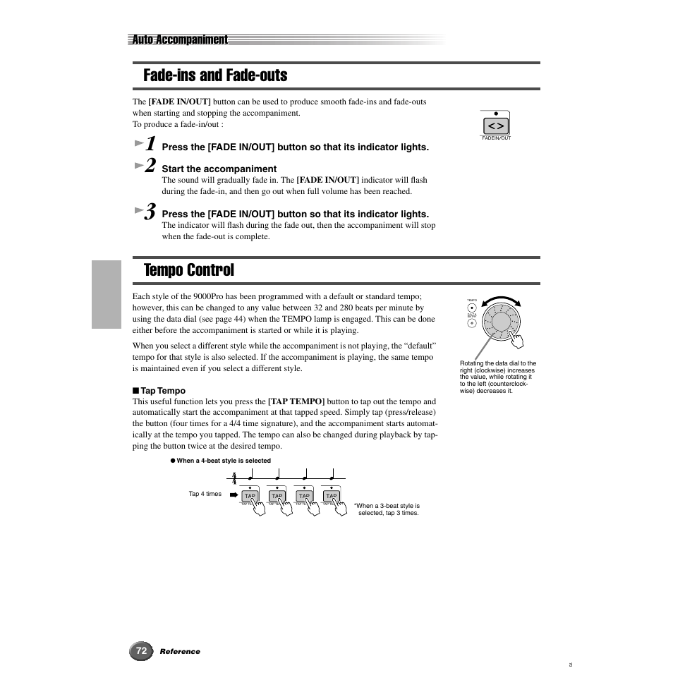 Fade-ins and fade-outs, Tempo control, Fade-ins and fade-outs tempo control | Auto accompaniment | Yamaha 9000 Pro User Manual | Page 72 / 250