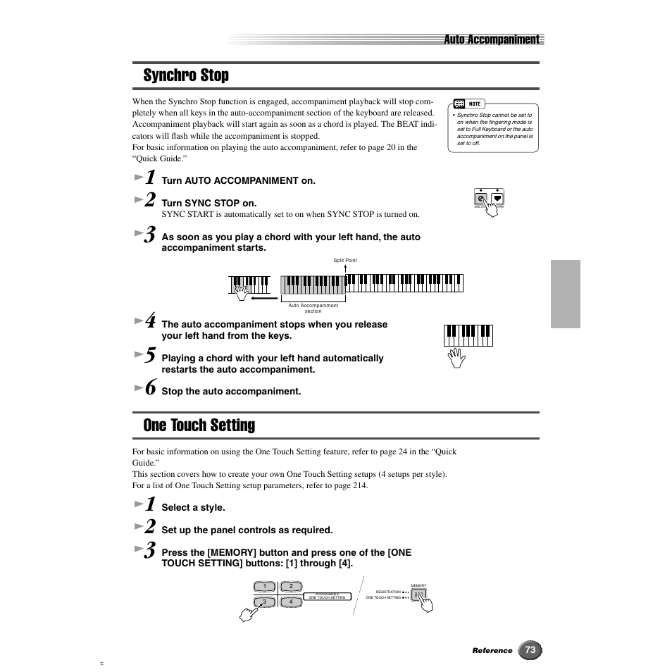 Synchro stop, One touch setting, Synchro stop one touch setting | Auto accompaniment | Yamaha 9000 Pro User Manual | Page 73 / 250