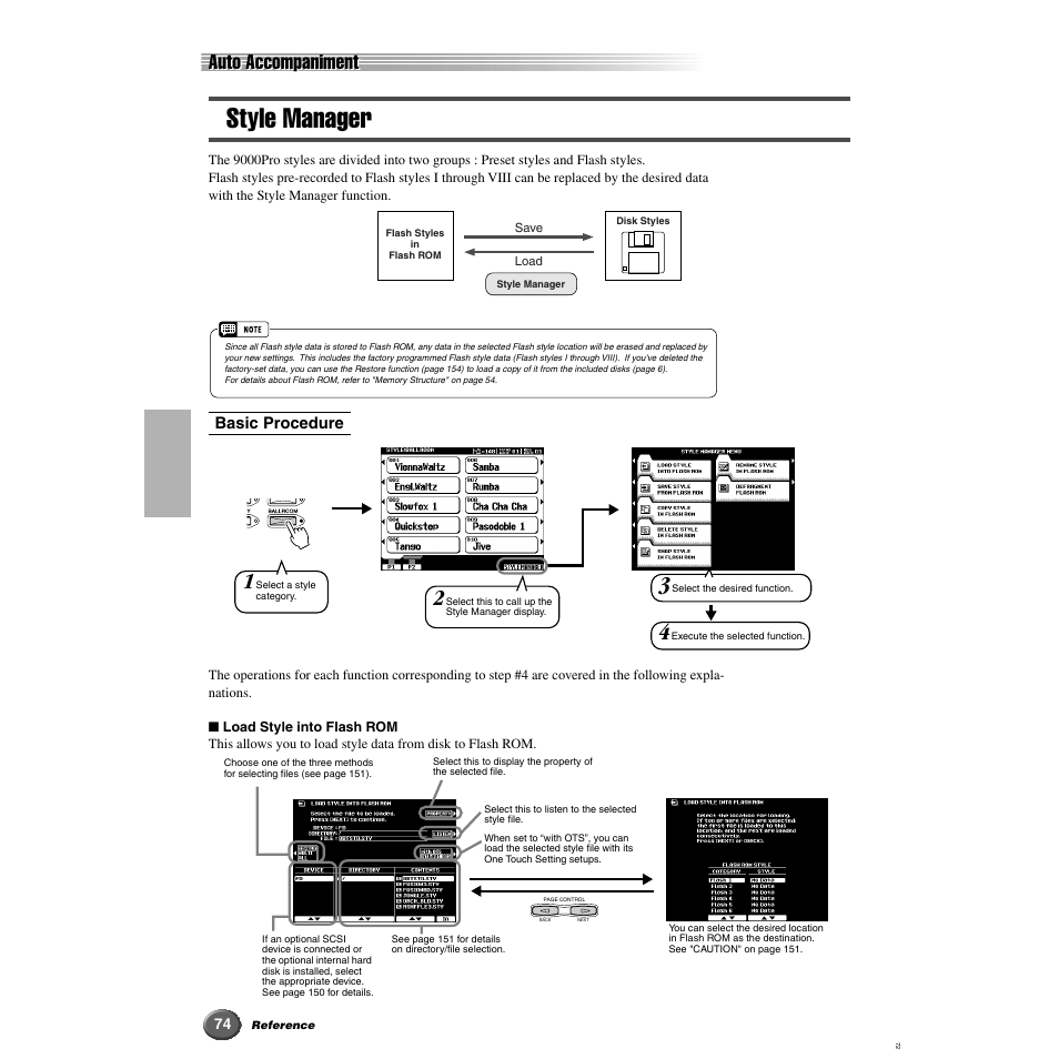 Style manager, Auto accompaniment | Yamaha 9000 Pro User Manual | Page 74 / 250