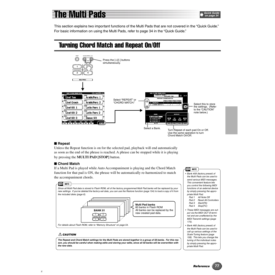The multi pads, Turning chord match and repeat on/off | Yamaha 9000 Pro User Manual | Page 77 / 250