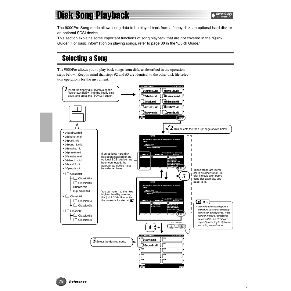 Disk song playback, Selecting a song | Yamaha 9000 Pro User Manual | Page 78 / 250