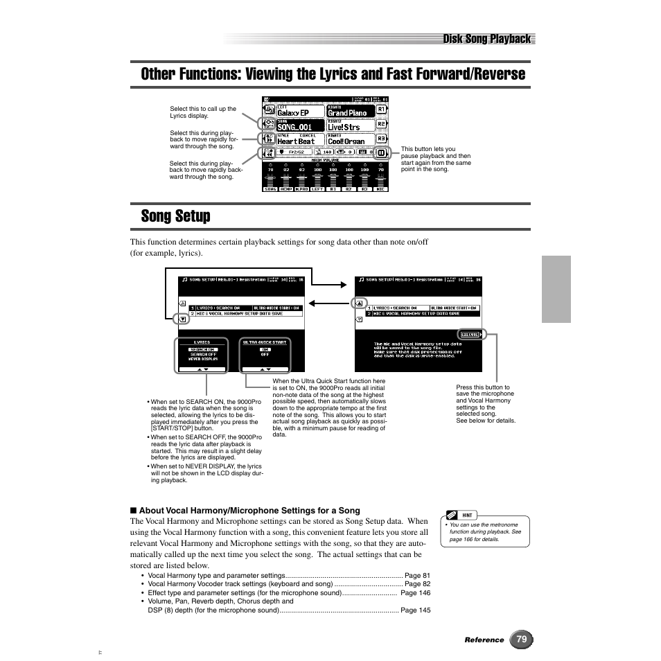 Song setup, Other functions: viewing the lyrics and, Fast forward/reverse | Disk song playback | Yamaha 9000 Pro User Manual | Page 79 / 250