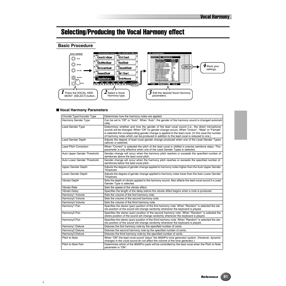 Selecting/producing the vocal harmony effect, Selecting/producing the vocal harmony effect . 81, Age 81 | Vocal harmony, Basic procedure | Yamaha 9000 Pro User Manual | Page 81 / 250