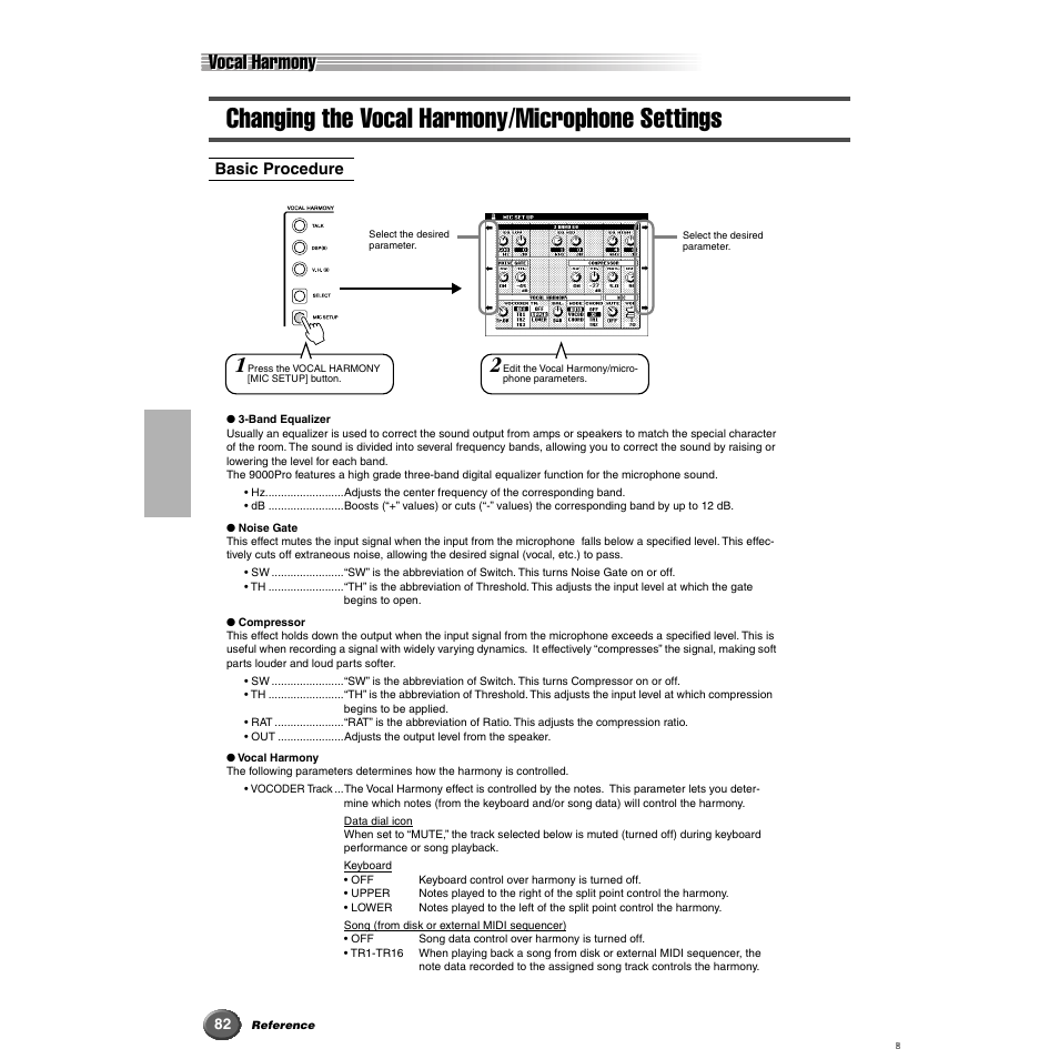 Changing the vocal harmony/microphone settings, Changing the vocal harmony/microphone, Settings | Age 82, Vocal harmony | Yamaha 9000 Pro User Manual | Page 82 / 250