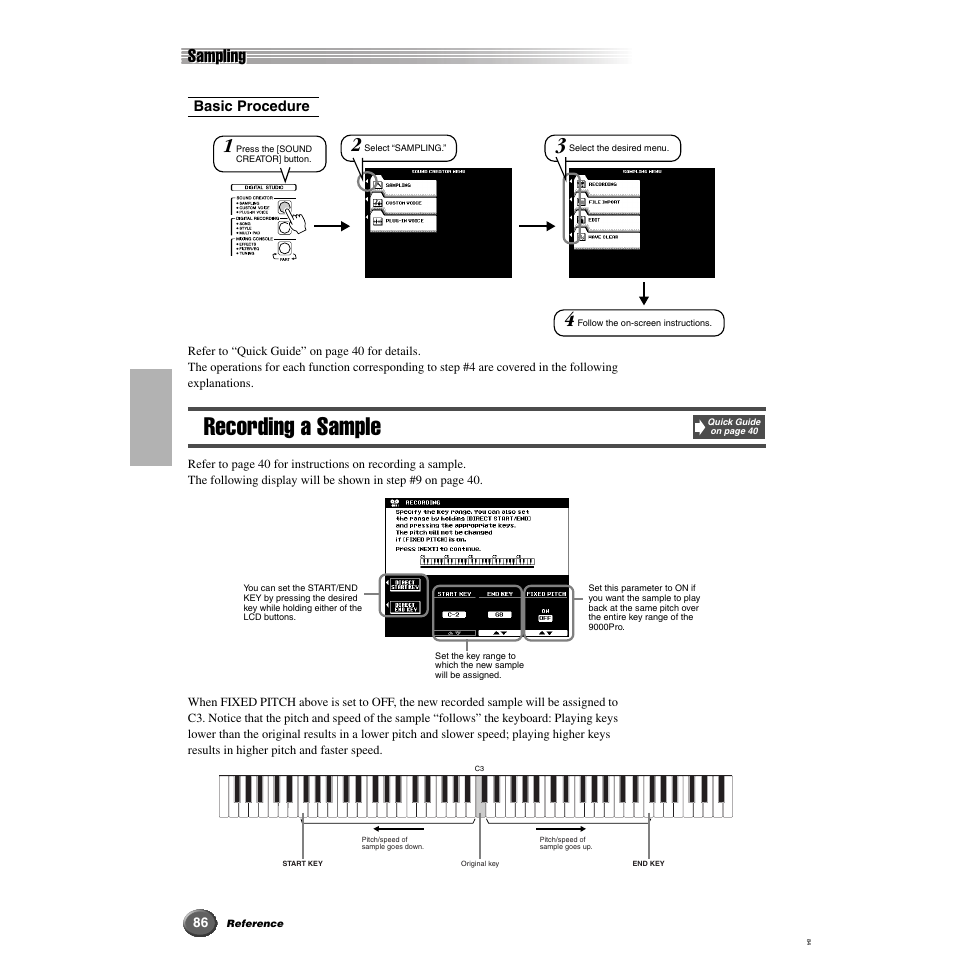 Recording a sample, Sampling | Yamaha 9000 Pro User Manual | Page 86 / 250