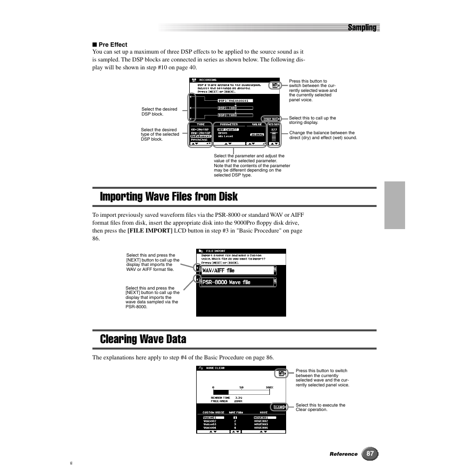 Importing wave files from disk, Clearing wave data, Importing wave files from disk clearing wave data | Sampling | Yamaha 9000 Pro User Manual | Page 87 / 250