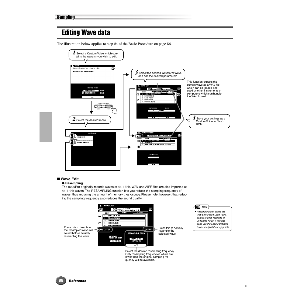 Editing wave data, Sampling | Yamaha 9000 Pro User Manual | Page 88 / 250