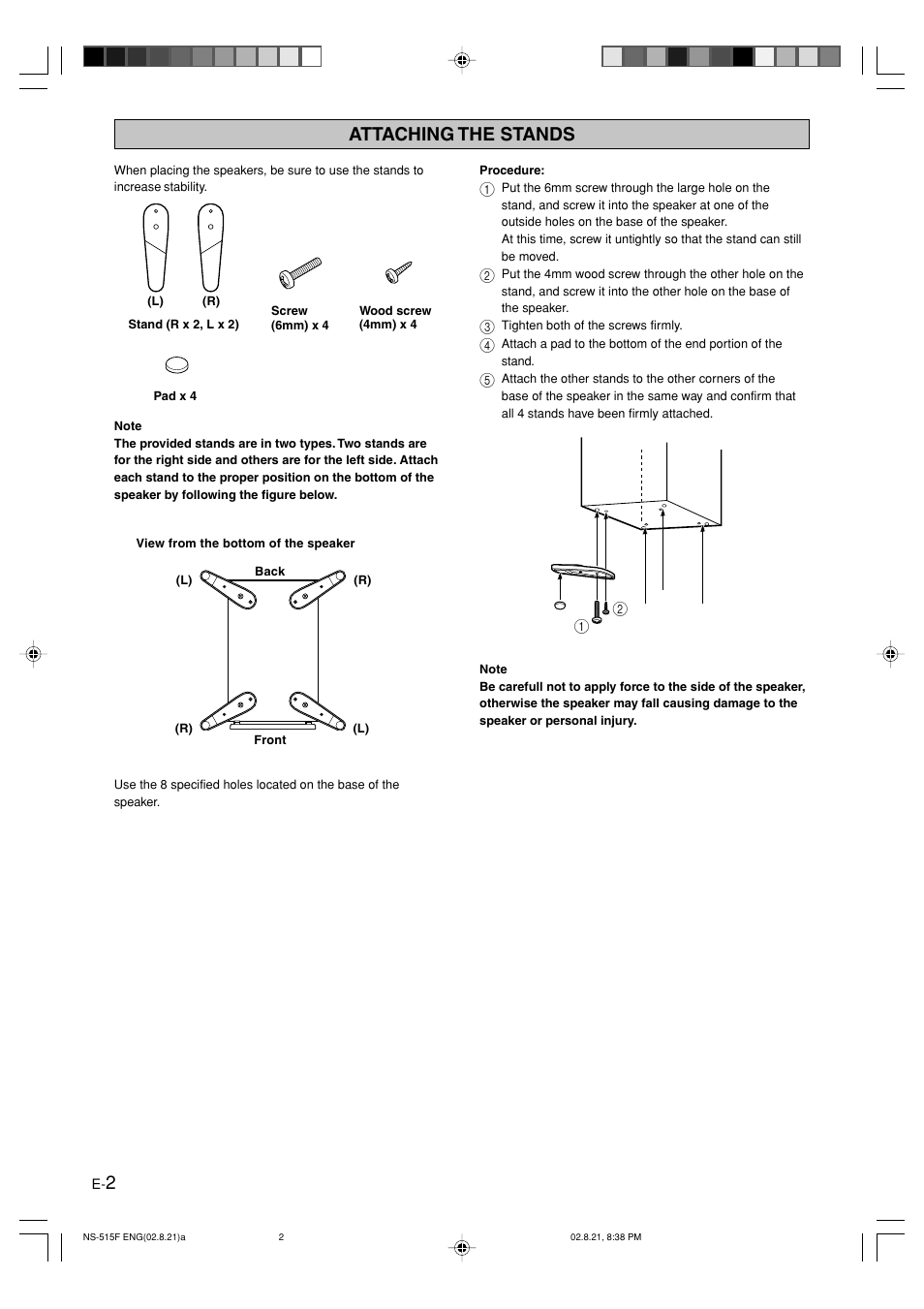 Attaching the stands, 2attaching the stands | Yamaha NS-515F User Manual | Page 2 / 6