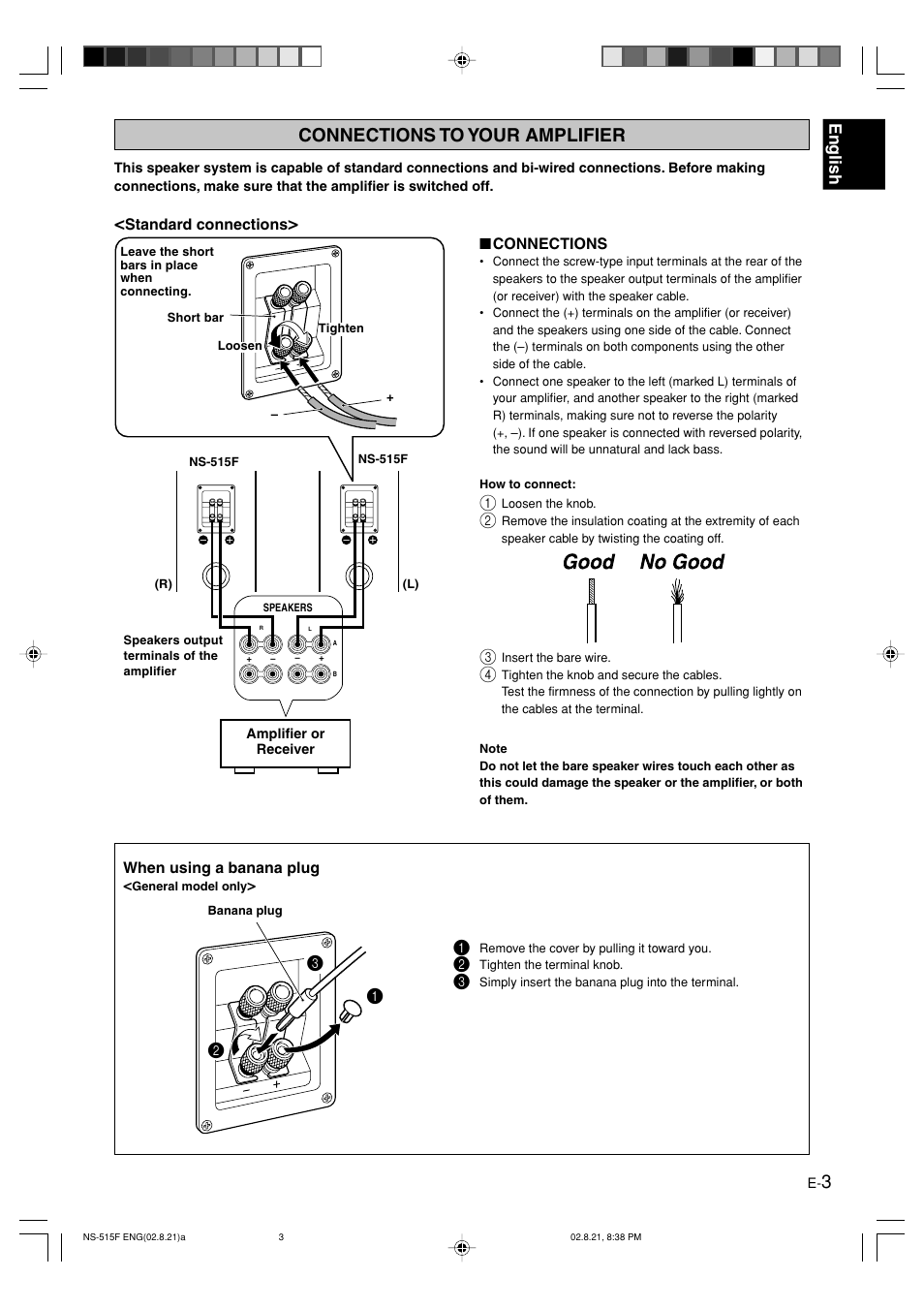 Connections to your amplifier, English | Yamaha NS-515F User Manual | Page 3 / 6