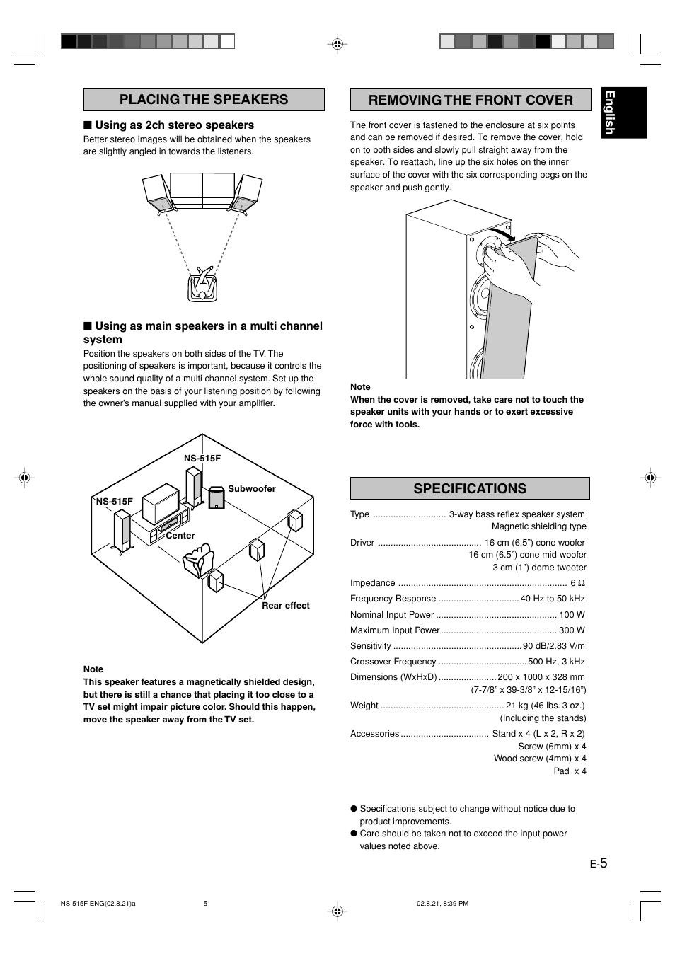 Placing the speakers, Removing the front cover, Specifications | English | Yamaha NS-515F User Manual | Page 5 / 6