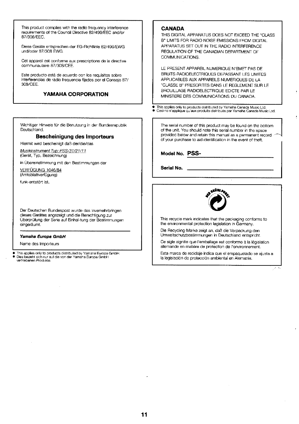 Canada, Yamaha corporation, Bescheinigung des importeurs | Yamaha PortaSound PSS-21 User Manual | Page 12 / 14