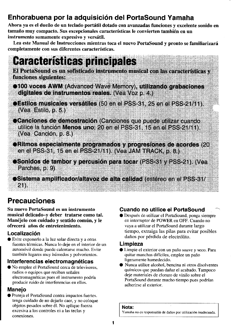 Vea : estilo, p. 5.), Localización, Interferencias eiectromagnéticas | Manejo, Cuando no utilice ei portasound, Limpieza, Precauciones | Yamaha PortaSound PSS-21 User Manual | Page 2 / 14