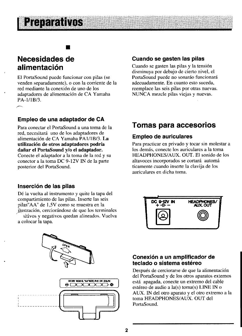 Cuando se gasten las pilas, Empleo de una adaptador de ca, Empleo de auriculares | Inserción de las pilas, Preparativos, Necesidades de alimentación, Tomas para accesorios | Yamaha PortaSound PSS-21 User Manual | Page 3 / 14
