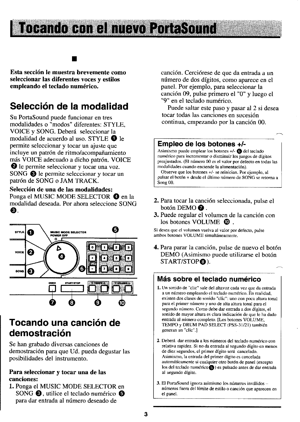 Tocando con el nuevo portasound, Selección de la modalidad, Tocando una canción de demostración | Yamaha PortaSound PSS-21 User Manual | Page 4 / 14
