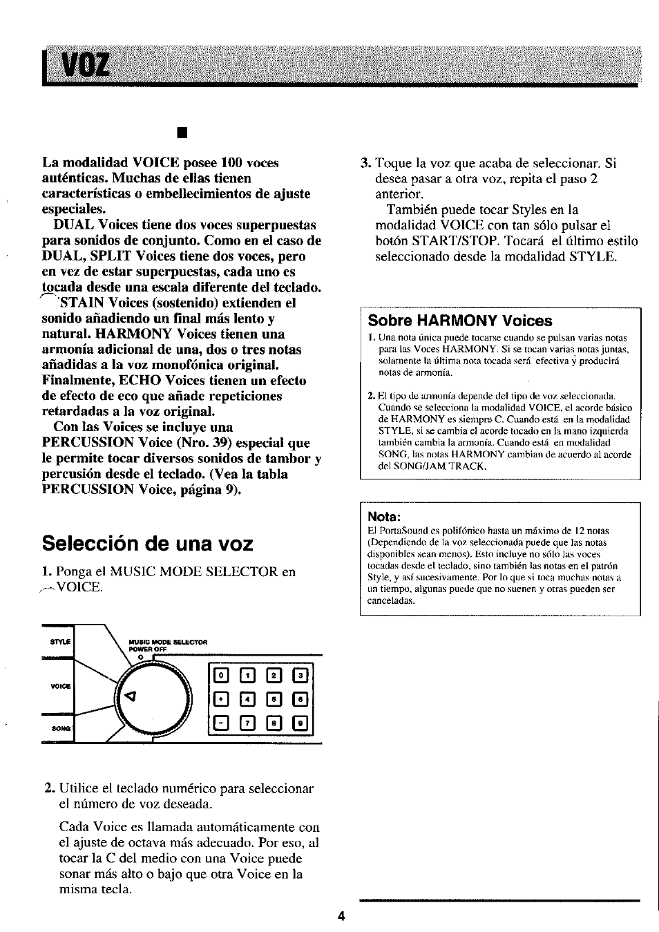 I voz, Selección de una voz | Yamaha PortaSound PSS-21 User Manual | Page 5 / 14