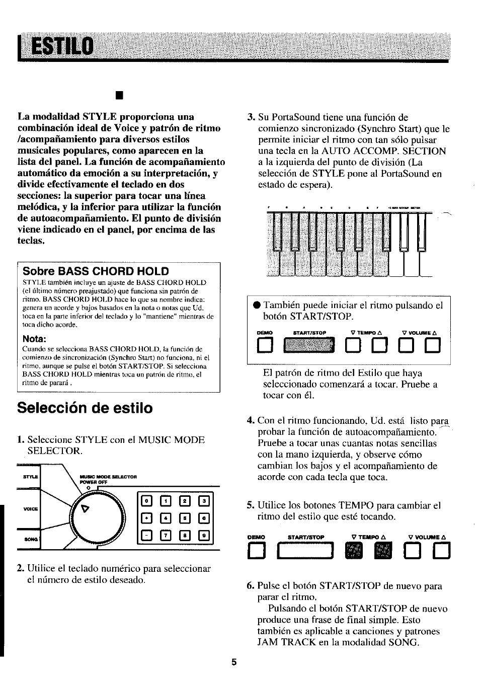 Selección de estilo, Sobre bass chord hold | Yamaha PortaSound PSS-21 User Manual | Page 6 / 14