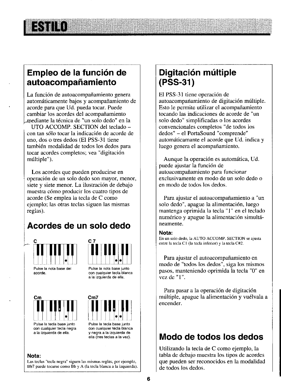 Empleo de la función de autoacompañamiento, Acordes de un solo dedo, Digitación múltiple (pss-31) | Modo de todos los dedos | Yamaha PortaSound PSS-21 User Manual | Page 7 / 14