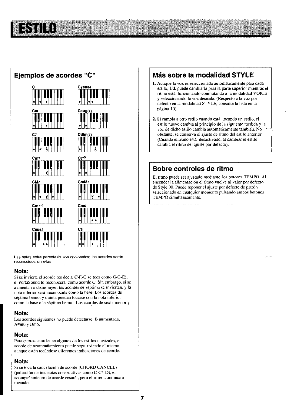Ejemplos de acordes "c, Más sobre la modalidad style, Sobre controles de ritmo | Estilo | Yamaha PortaSound PSS-21 User Manual | Page 8 / 14