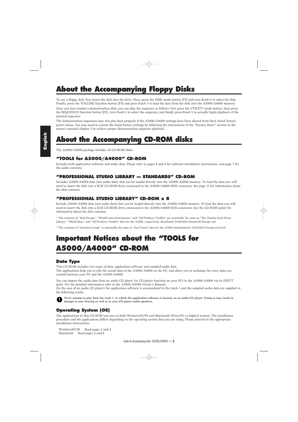 About the accompanying floppy disks, About the accompanying cd-rom disks | Yamaha Floppy Disks A4000 User Manual | Page 2 / 24