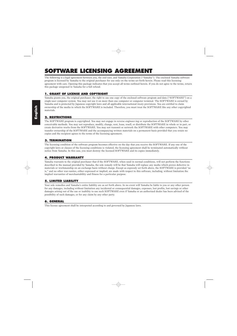 Software licensing agreement | Yamaha Floppy Disks A4000 User Manual | Page 22 / 24