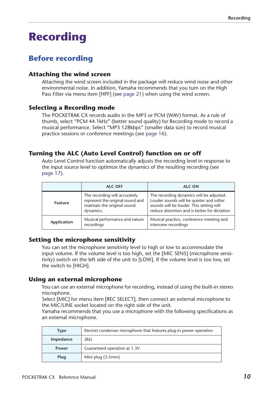 Recording, Before recording, Attaching the wind screen | Selecting a recording mode, Setting the microphone sensitivity, Using an external microphone, Function on or off | Yamaha Pocket Recorder User Manual | Page 10 / 83