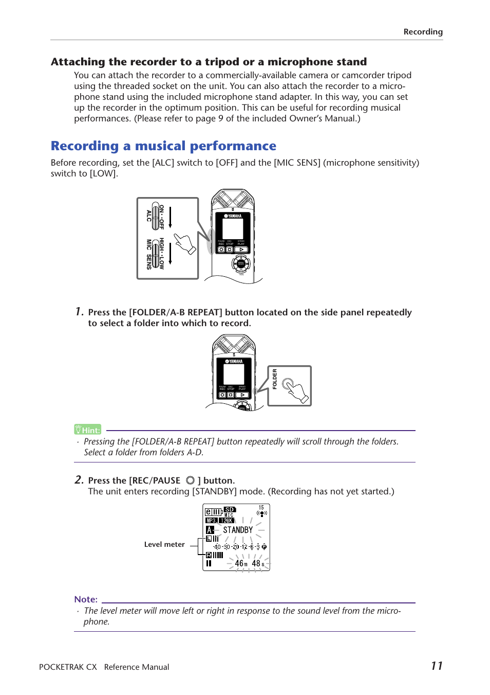 Recording a musical performance, Attaching the recorder to a tripod, Or a microphone stand | Recording pocketrak cx reference manual | Yamaha Pocket Recorder User Manual | Page 11 / 83