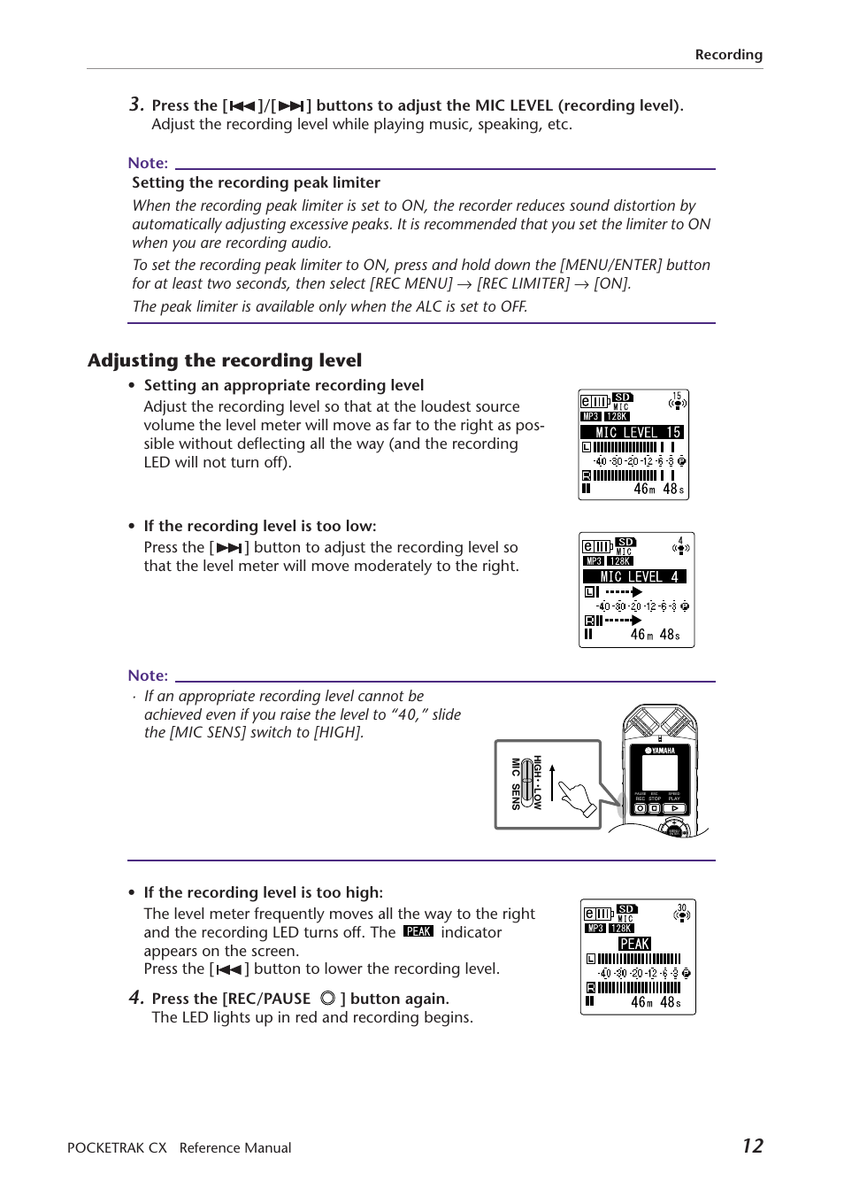 Adjusting the recording level | Yamaha Pocket Recorder User Manual | Page 12 / 83