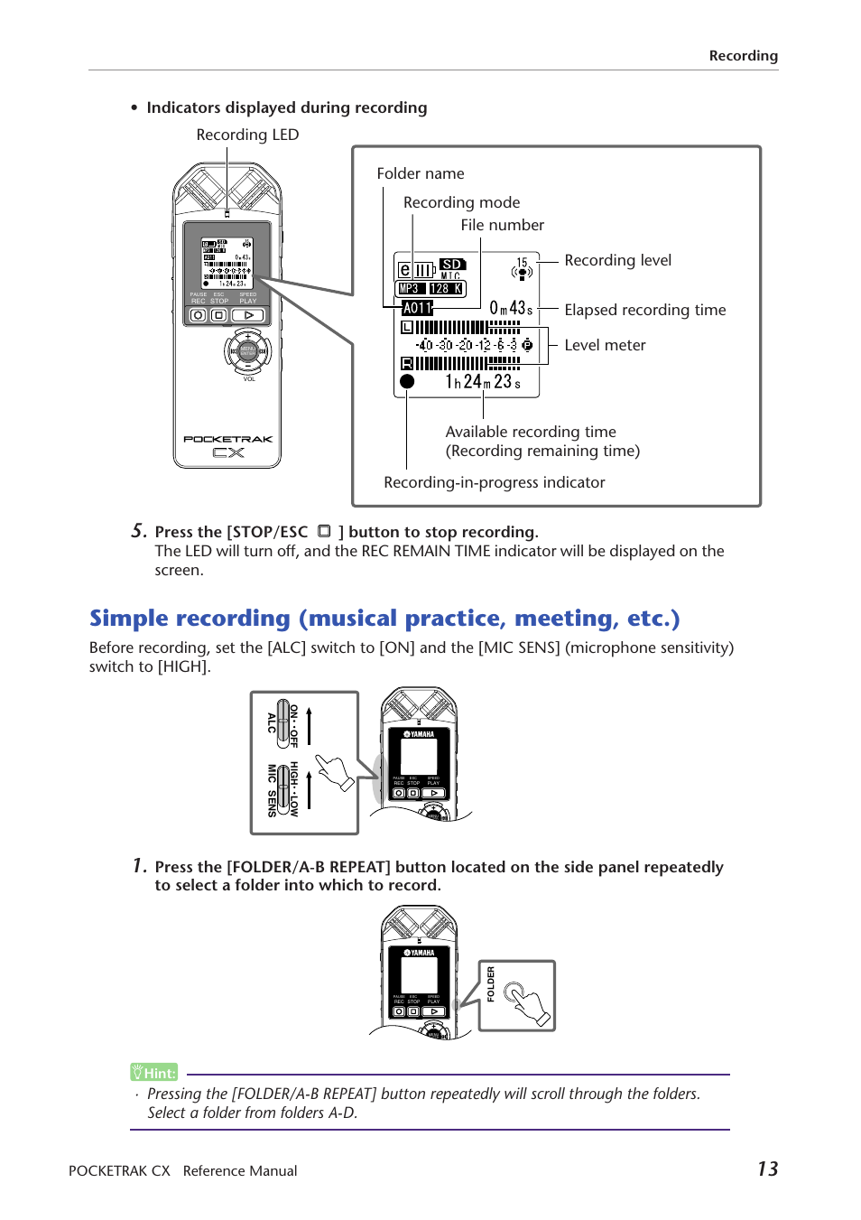 Simple recording (musical practice, meeting, etc.), Simple recording (musical practice, Meeting, etc.) | Indicators displayed during recording, Recording pocketrak cx reference manual, Hint | Yamaha Pocket Recorder User Manual | Page 13 / 83