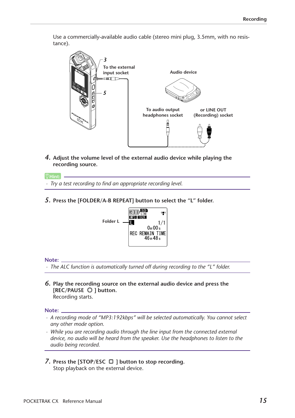 Recording pocketrak cx reference manual | Yamaha Pocket Recorder User Manual | Page 15 / 83