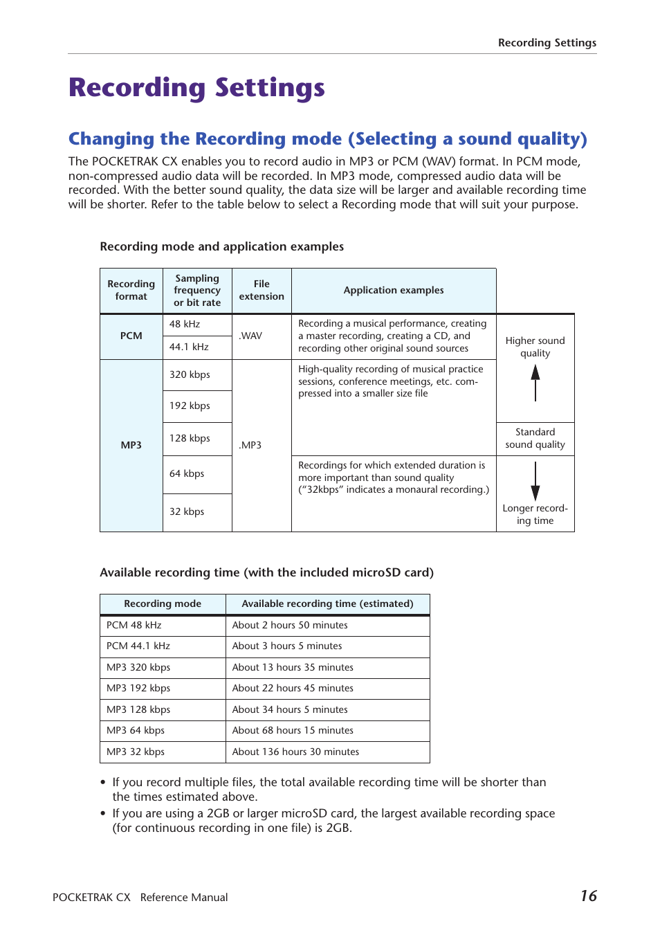 Recording settings, Changing the recording mode, Selecting a sound quality) | Practice sessions or conference meetings (see | Yamaha Pocket Recorder User Manual | Page 16 / 83