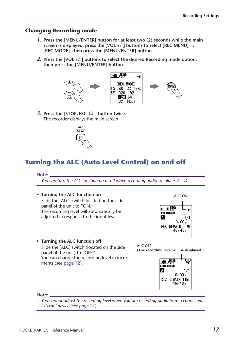 Changing recording mode, Turning the alc (auto level control) on and off, Turning the alc (auto level control) | On and off | Yamaha Pocket Recorder User Manual | Page 17 / 83