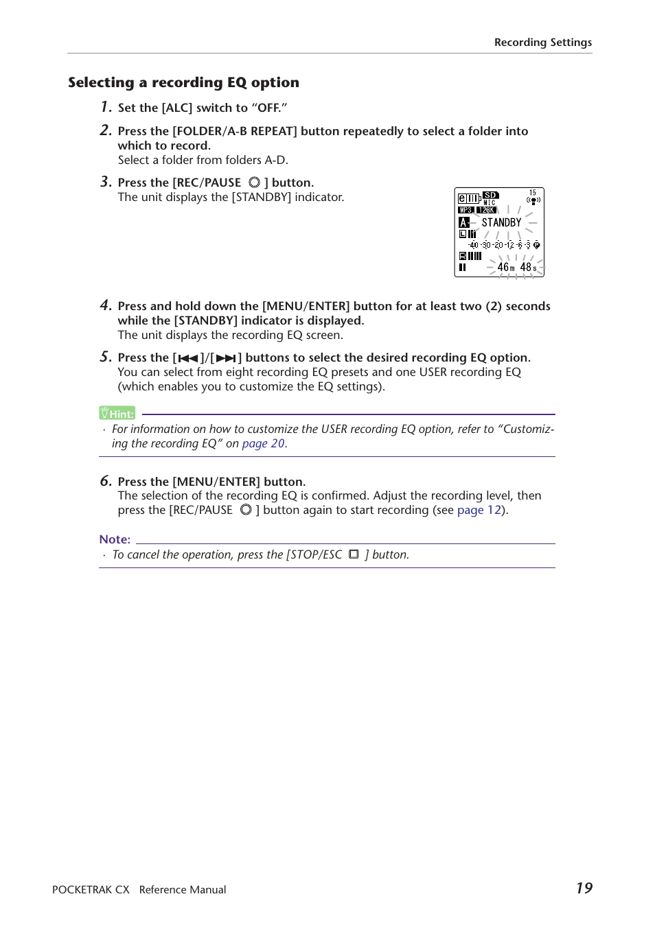Selecting a recording eq option | Yamaha Pocket Recorder User Manual | Page 19 / 83