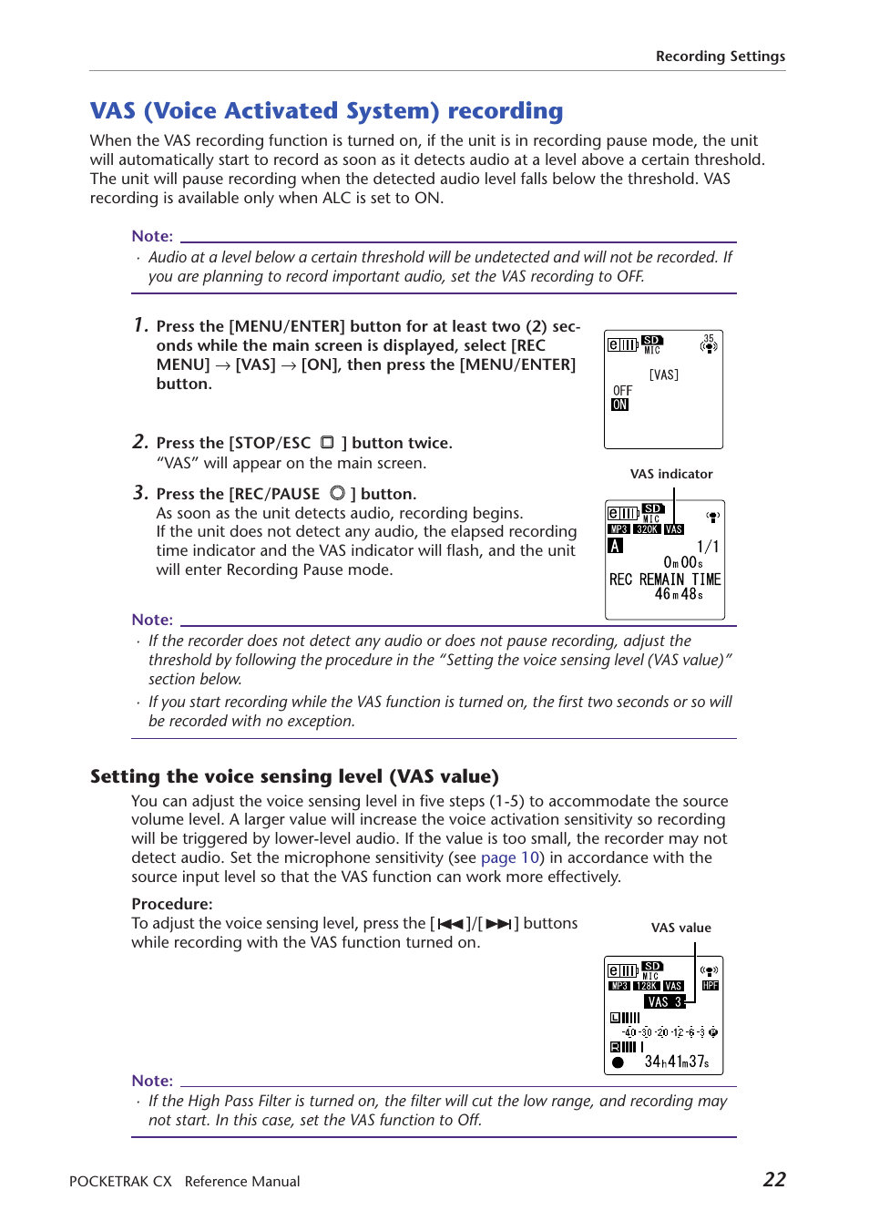 Vas (voice activated system) recording, Setting the voice sensing level (vas value) | Yamaha Pocket Recorder User Manual | Page 22 / 83