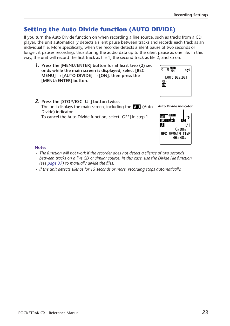 Setting the auto divide function (auto divide), Setting the auto divide function, Auto divide) | Yamaha Pocket Recorder User Manual | Page 23 / 83