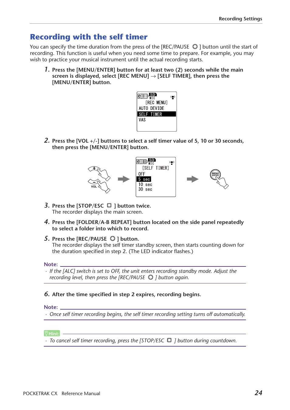 Recording with the self timer | Yamaha Pocket Recorder User Manual | Page 24 / 83