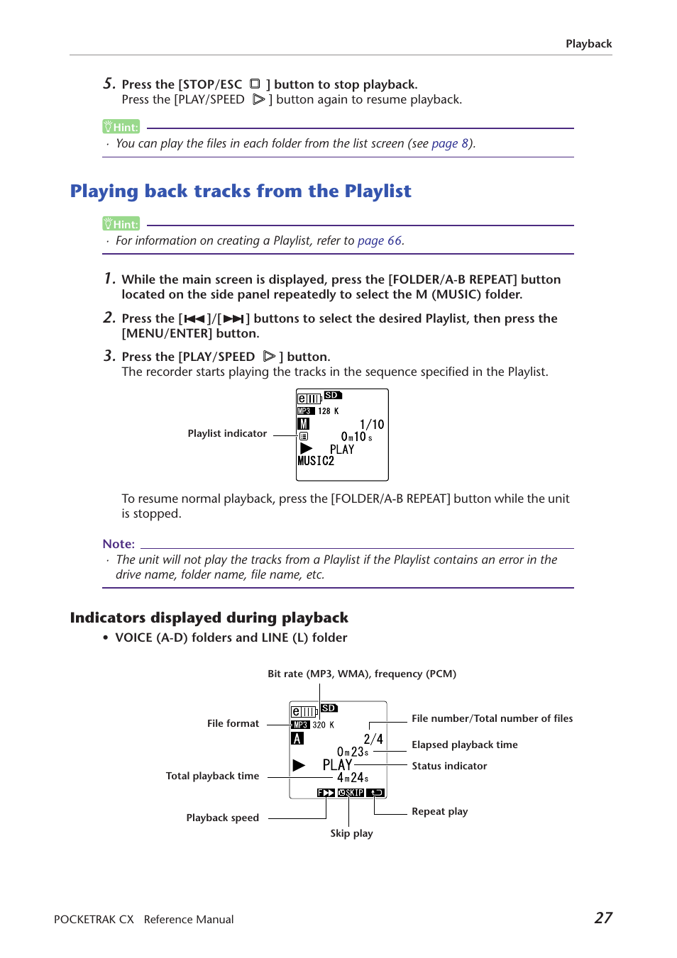Playing back tracks from the playlist, Indicators displayed during playback | Yamaha Pocket Recorder User Manual | Page 27 / 83
