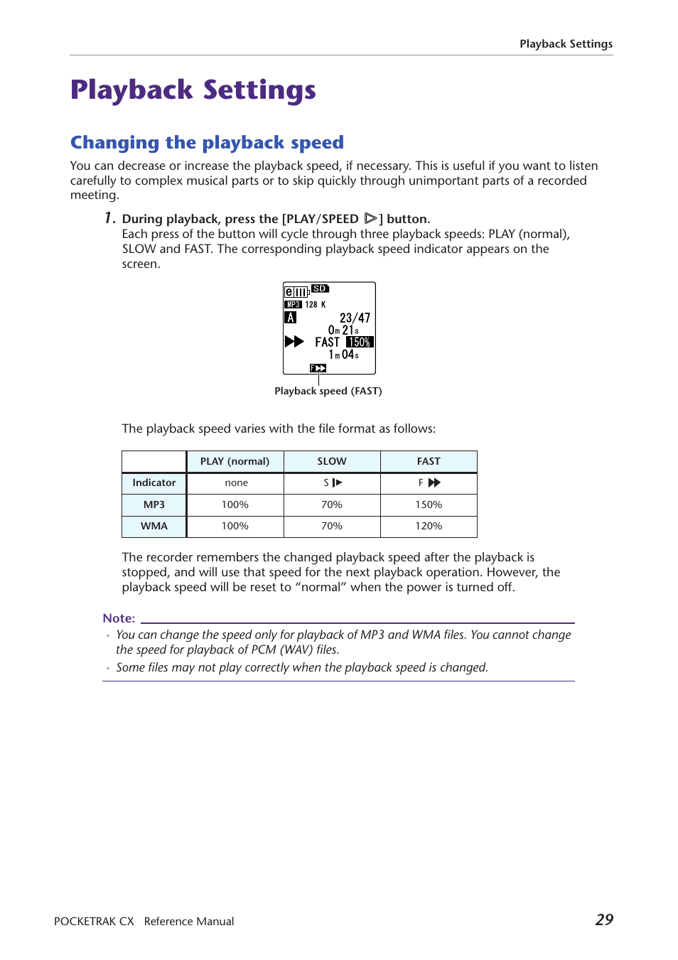 Playback settings, Changing the playback speed | Yamaha Pocket Recorder User Manual | Page 29 / 83