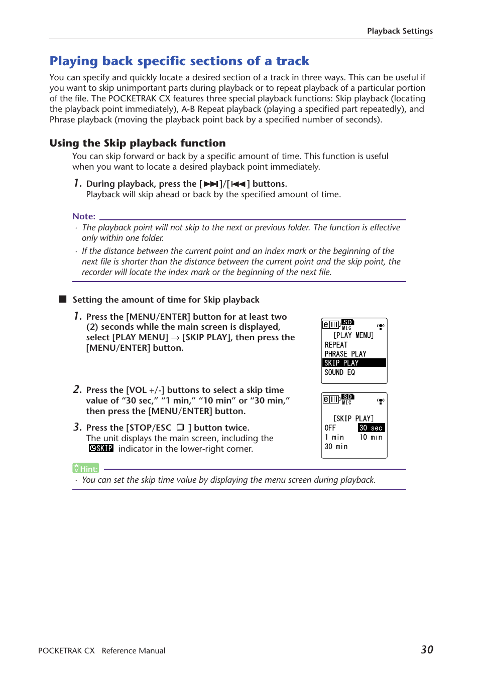 Playing back specific sections of a track, Using the skip playback function | Yamaha Pocket Recorder User Manual | Page 30 / 83