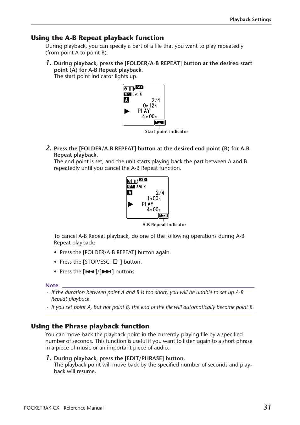 Using the a-b repeat playback function, Using the phrase playback function | Yamaha Pocket Recorder User Manual | Page 31 / 83