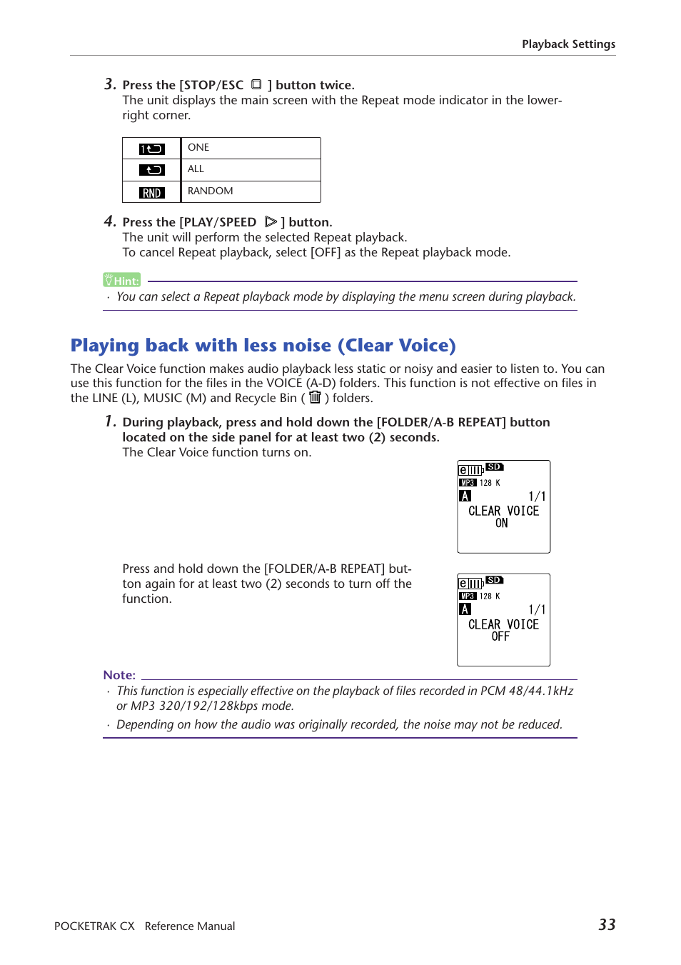 Playing back with less noise (clear voice) | Yamaha Pocket Recorder User Manual | Page 33 / 83