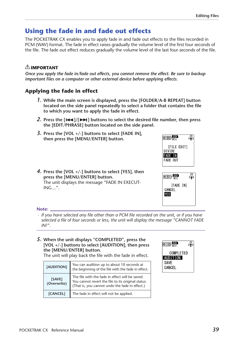 Using the fade in and fade out effects, Applying the fade in effect | Yamaha Pocket Recorder User Manual | Page 39 / 83