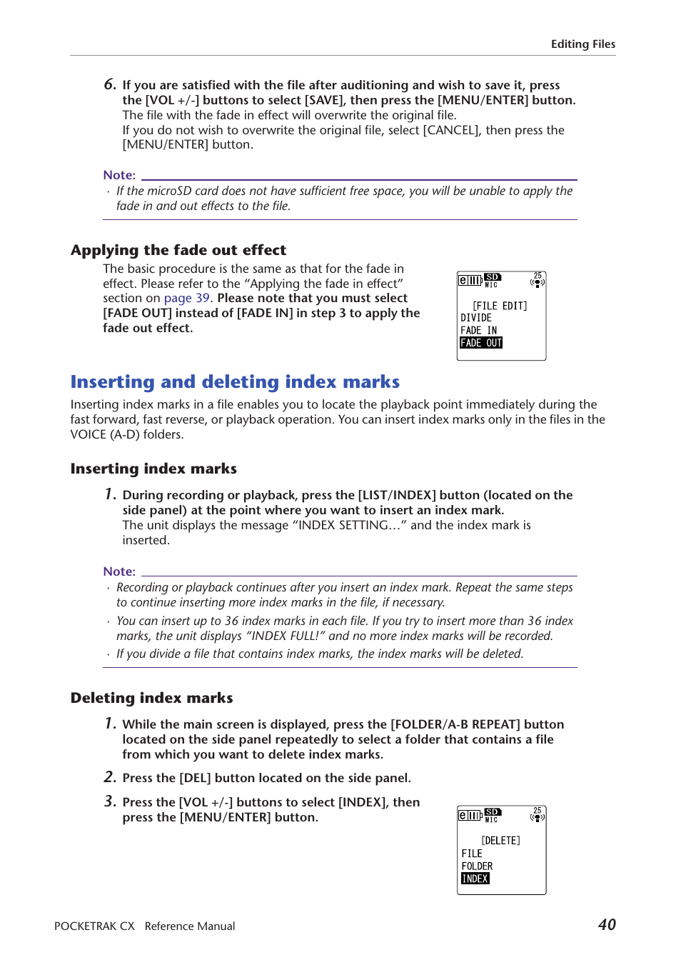 Applying the fade out effect, Inserting and deleting index marks, Inserting index marks | Deleting index marks, Inserting index marks deleting index marks, For information on inserting index marks, refer to | Yamaha Pocket Recorder User Manual | Page 40 / 83