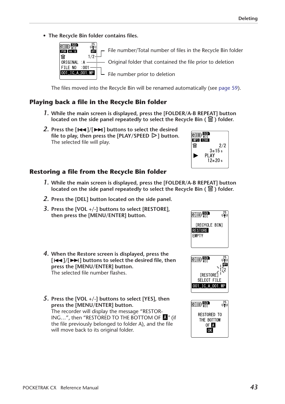 Playing back a file in the recycle bin folder, Restoring a file from the recycle bin folder | Yamaha Pocket Recorder User Manual | Page 43 / 83