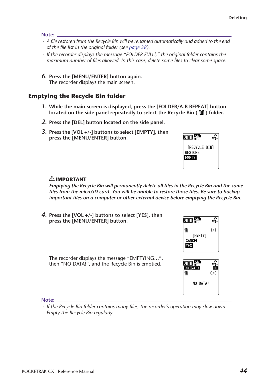Emptying the recycle bin folder | Yamaha Pocket Recorder User Manual | Page 44 / 83