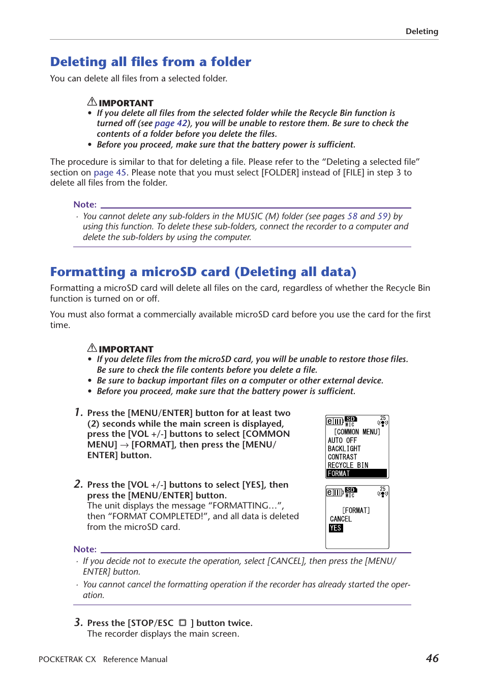 Deleting all files from a folder, Formatting a microsd card (deleting all data), Formatting a microsd card | Deleting all data) | Yamaha Pocket Recorder User Manual | Page 46 / 83