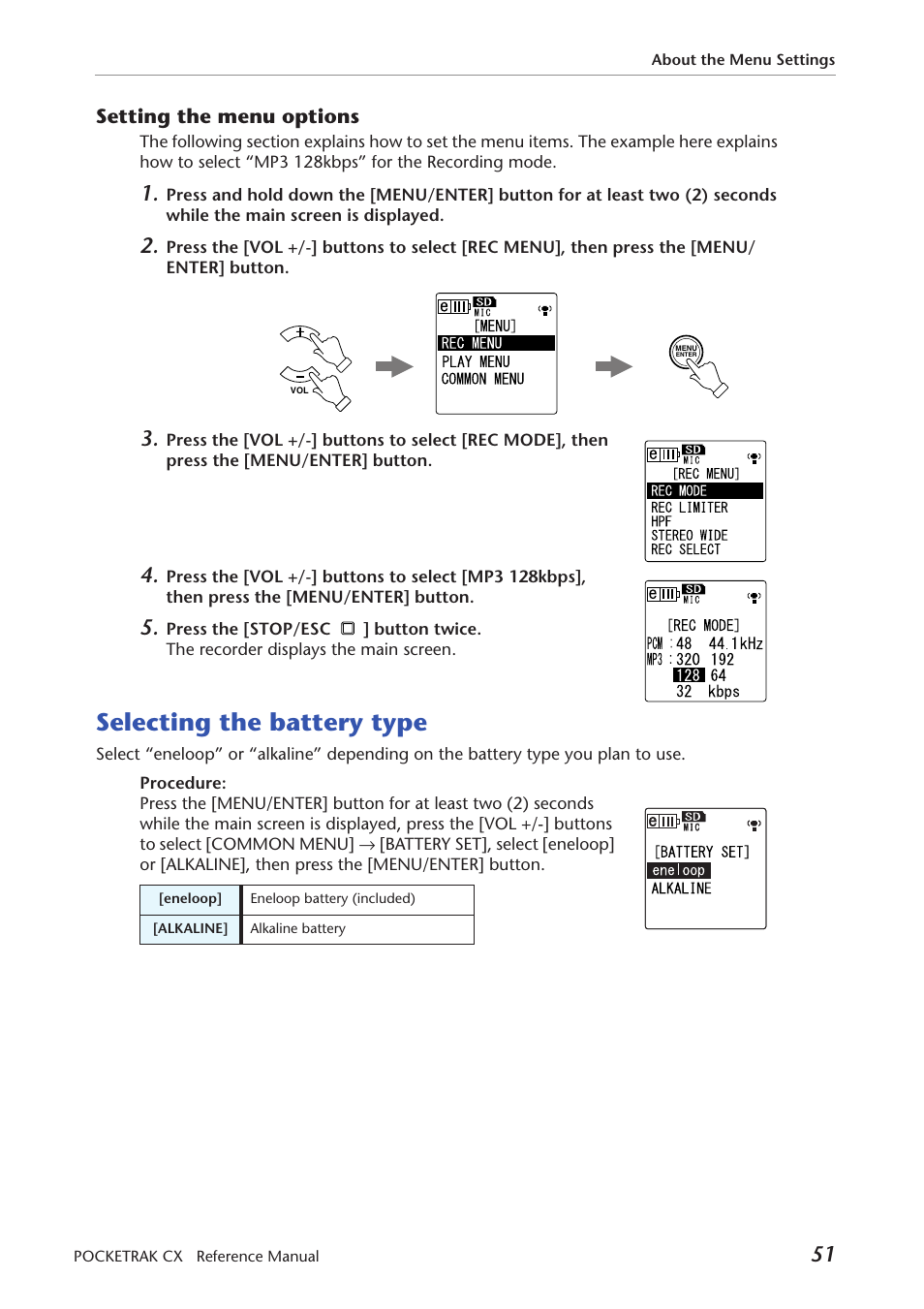 Setting the menu options, Selecting the battery type | Yamaha Pocket Recorder User Manual | Page 51 / 83