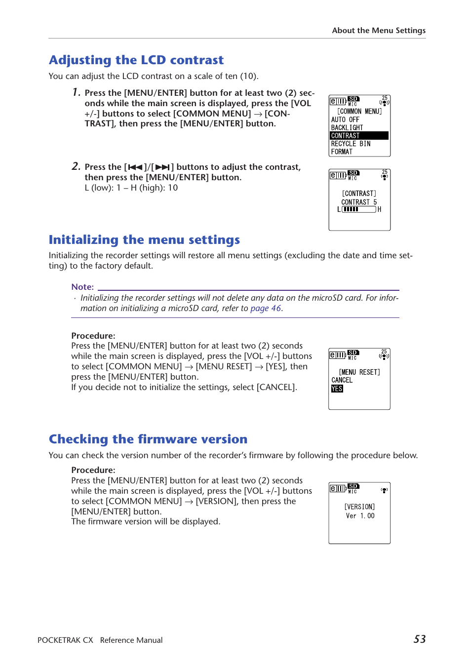 Adjusting the lcd contrast, Initializing the menu settings, Checking the firmware version | Yamaha Pocket Recorder User Manual | Page 53 / 83